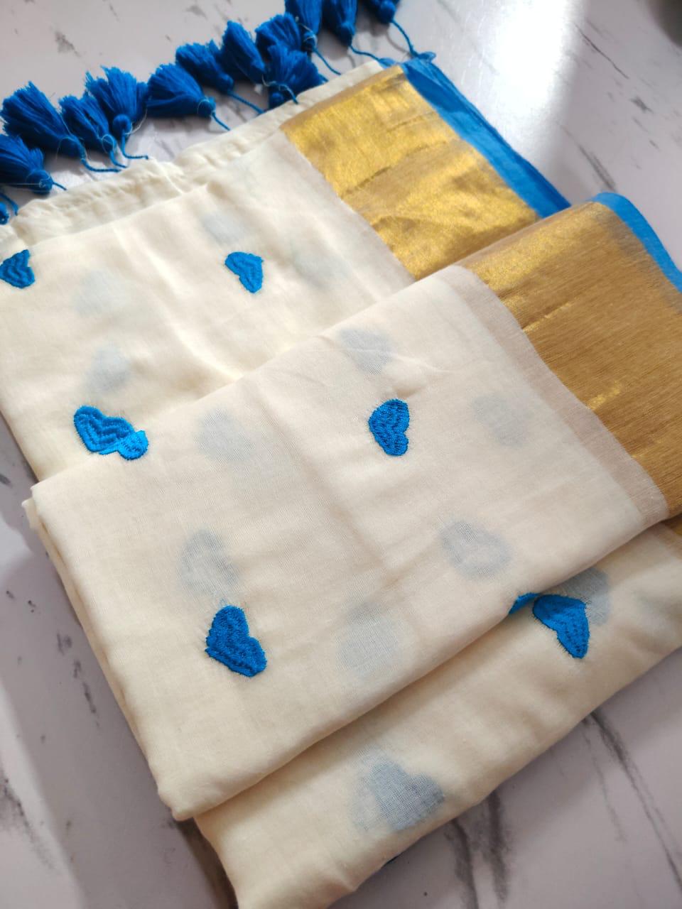 Off White Embroidery Mulmul Cotton Saree for Women | Soft & Lightweight Ethnic Wear