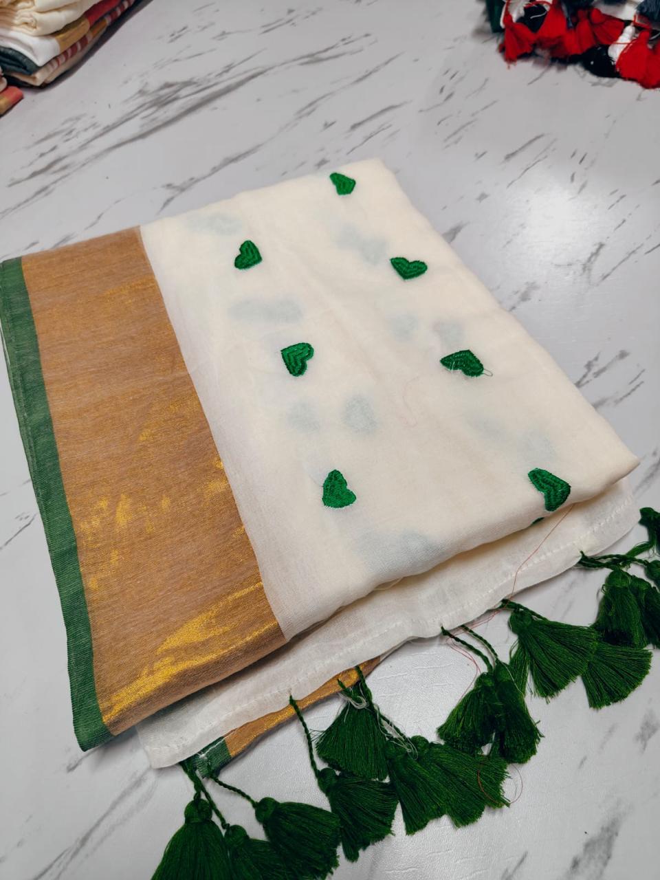 White & Green Embroidery Mulmul Cotton Saree for Women | Soft & Lightweight Ethnic Wear