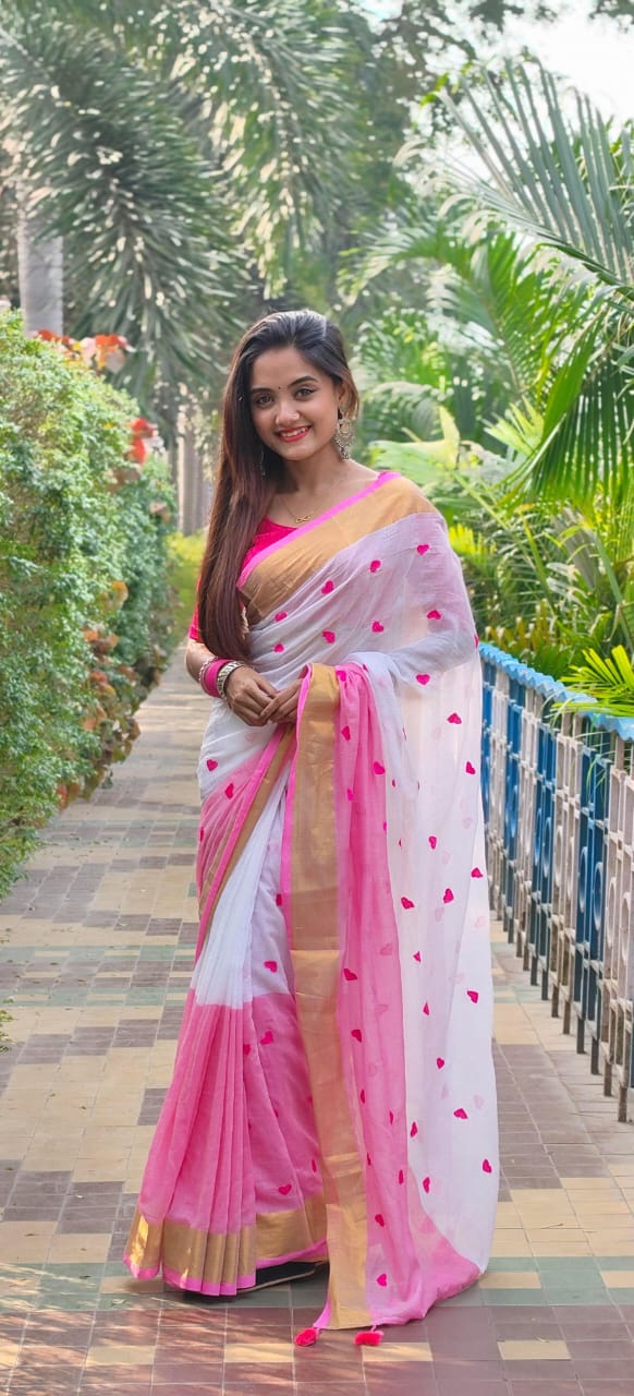 Pink & Off White Embroidery Mulmul Cotton Saree for Women | Soft & Lightweight Ethnic Wear
