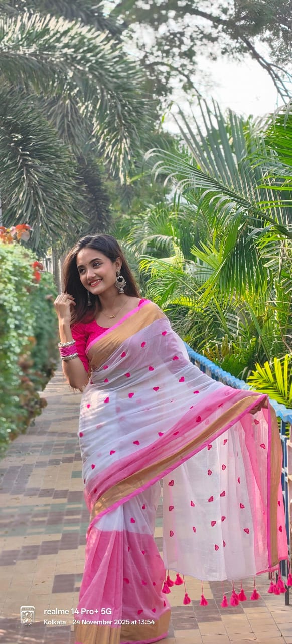 Pink & Off White Embroidery Mulmul Cotton Saree for Women | Soft & Lightweight Ethnic Wear