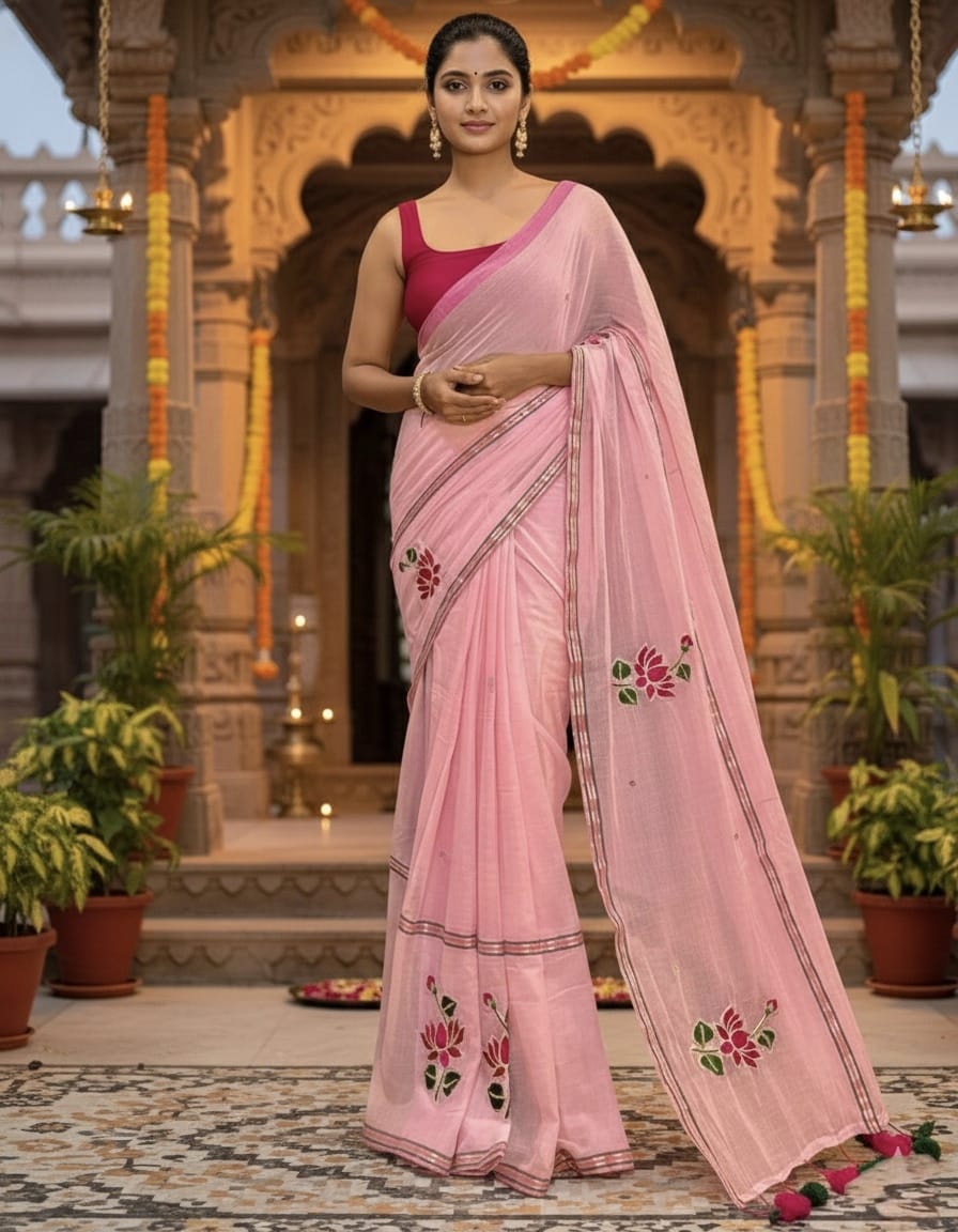 Soft Pink Mulmul Saree | Floral Hand-Embroidery | Lightweight Summer Wear