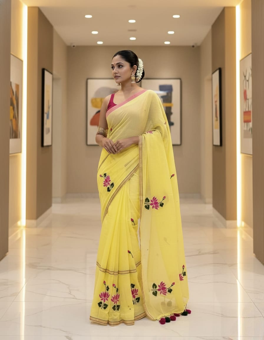 Yellow Soft White Mulmul Saree | Floral Hand-Embroidery | Lightweight Summer Wear