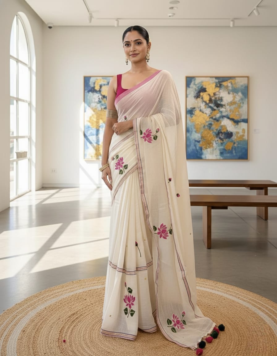 Cream White Embroidery Mulmul Cotton Saree for Women | Soft & Lightweight Ethnic Wear