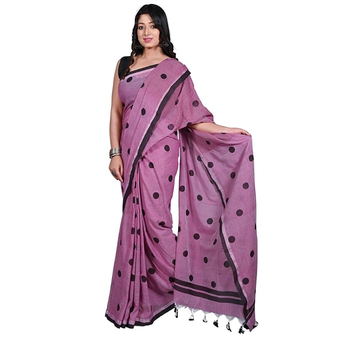 Block Printed Cotton Saree – Traditional Black Dot Motifs dexcption styles