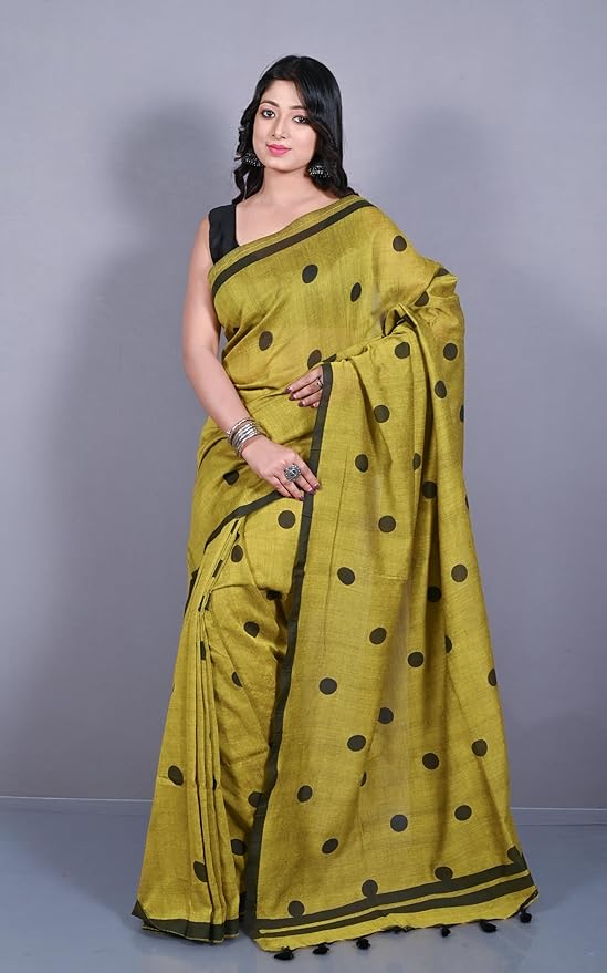 Block Printed Cotton Saree – Traditional Black Dot Motifs