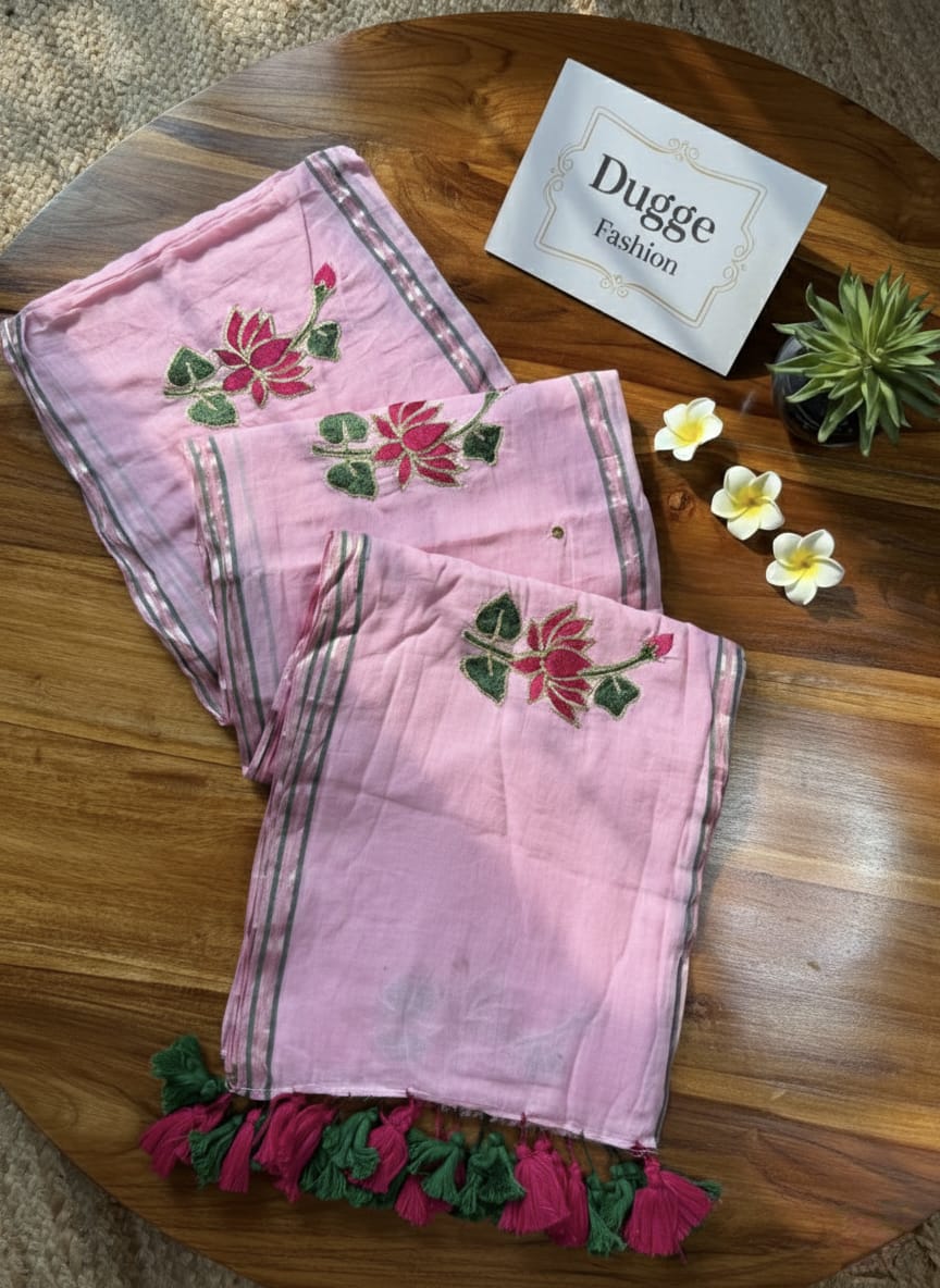 Soft Pink Mulmul Saree | Floral Hand-Embroidery | Lightweight Summer Wear