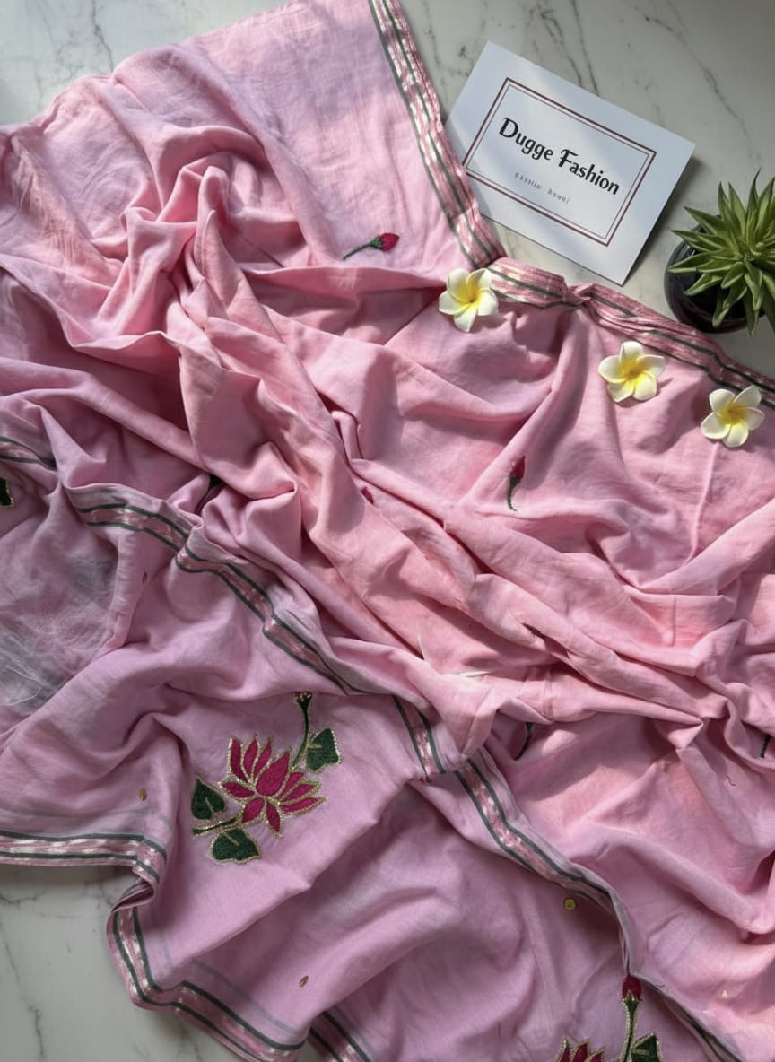 Soft Pink Mulmul Saree | Floral Hand-Embroidery | Lightweight Summer Wear