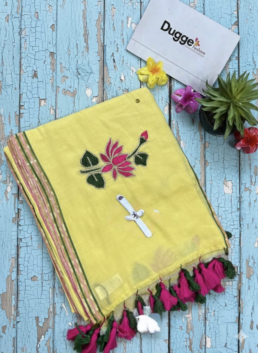 Yellow Soft White Mulmul Saree | Floral Hand-Embroidery | Lightweight Summer Wear
