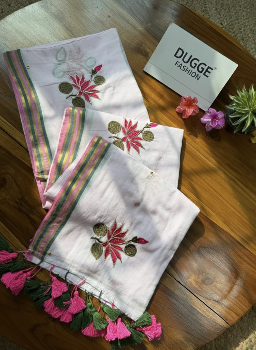 Cream White Embroidery Mulmul Cotton Saree for Women | Soft & Lightweight Ethnic Wear