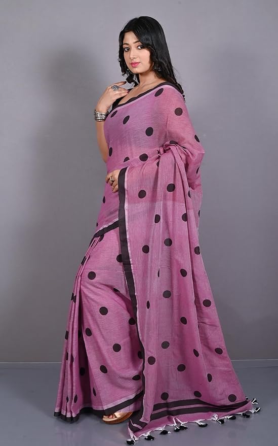 Block Printed Cotton Saree – Traditional Black Dot Motifs dexcption styles