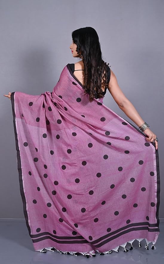 Block Printed Cotton Saree – Traditional Black Dot Motifs dexcption styles