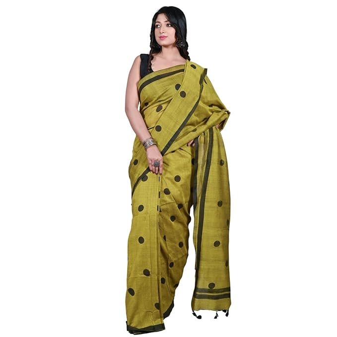 Block Printed Cotton Saree – Traditional Black Dot Motifs