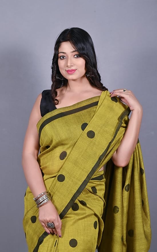 Block Printed Cotton Saree – Traditional Black Dot Motifs
